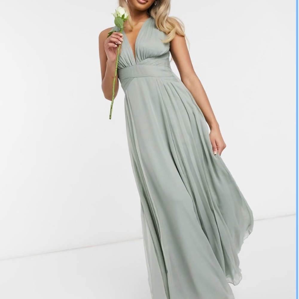 ASOS DESIGN Petite Bridesmaid Ruched Bodice Drape Maxi Dress in Olive